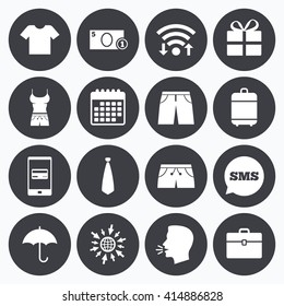 Wifi, calendar and mobile payments. Clothing, accessories icons. T-shirt, business case signs. Umbrella and gift box symbols. Sms speech bubble, go to web symbols.