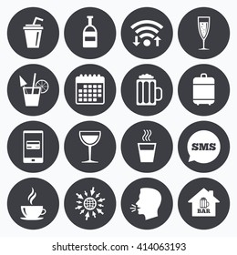 Wifi, calendar and mobile payments. Coffee, tea icons. Beer, wine and cocktail signs. Soft and alcohol drinks symbols. Sms speech bubble, go to web symbols.