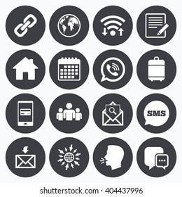 Wifi, calendar and mobile payments. Communication icons. Contact, mail signs. E-mail, call phone and group symbols. Sms speech bubble, go to web symbols.