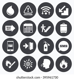 Wifi, calendar and mobile payments. Fire safety, emergency icons. Fire extinguisher, exit and attention signs. Caution, water drop and way out symbols. Sms speech bubble, go to web symbols.