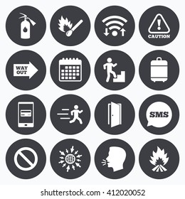 Wifi, calendar and mobile payments. Fire safety, emergency icons. Fire extinguisher, exit and attention signs. Caution, water drop and way out symbols. Sms speech bubble, go to web symbols.