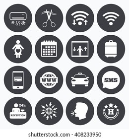Wifi, calendar and mobile payments. Hotel, apartment service icons. Barbershop sign. Pregnant woman, wireless internet and air conditioning symbols. Sms speech bubble, go to web symbols.