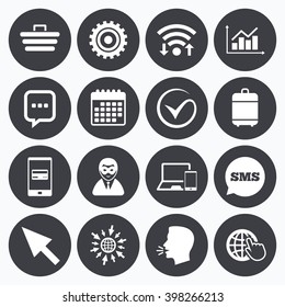 Wifi, calendar and mobile payments. Internet, seo icons. Tick, online shopping and chart signs. Anonymous user, mobile devices and chat symbols. Sms speech bubble, go to web symbols.