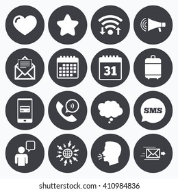 Wifi, calendar and mobile payments. Mail, contact icons. Favorite, like and calendar signs. E-mail, chat message and phone call symbols. Sms speech bubble, go to web symbols.