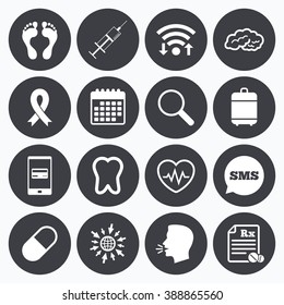 Wifi, calendar and mobile payments. Medicine, medical health and diagnosis icons. Syringe injection, heartbeat and pills signs. Tooth, neurology symbols. Sms speech bubble, go to web symbols.