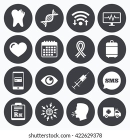 Wifi, calendar and mobile payments. Medicine, healthcare and diagnosis icons. Tooth, syringe and ambulance signs. Dna, awareness ribbon symbols. Sms speech bubble, go to web symbols.