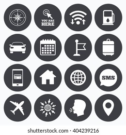 Wifi, calendar and mobile payments. Navigation, gps icons. Windrose, compass and map pointer signs. Car, airplane and flag symbols. Sms speech bubble, go to web symbols.