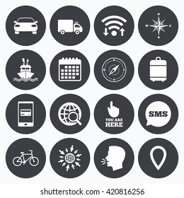 Wifi, calendar and mobile payments. Navigation, gps icons. Windrose, compass and map pointer signs. Bicycle, ship and car symbols. Sms speech bubble, go to web symbols.