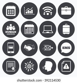 Wifi, calendar and mobile payments. Office, documents and business icons. Human resources, handshake and download signs. Chart, laptop and calendar symbols. Sms speech bubble, go to web symbols.