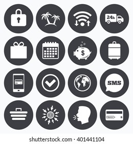 Wifi, calendar and mobile payments. Online shopping, e-commerce and business icons. Credit card, gift box and protection signs. Piggy bank, delivery and tick symbols. Sms speech bubble, go to web.
