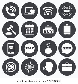 Wifi, calendar and mobile payments. Online shopping, e-commerce and business icons. Auction, phone call and sale signs. Cash money, case and target symbols. Sms speech bubble, go to web symbols.