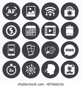 Wifi, calendar and mobile payments. Photo, video icons. Camera, photos and frame signs. No flash, timer and strips symbols. Sms speech bubble, go to web symbols.