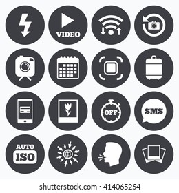 Wifi, calendar and mobile payments. Photo, video icons. Camera, photos and frame signs. Flash, timer and macro symbols. Sms speech bubble, go to web symbols.