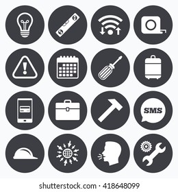 Wifi, calendar and mobile payments. Repair, construction icons. Engineering, helmet and screwdriver signs. Lamp, electricity and attention symbols. Sms speech bubble, go to web symbols.