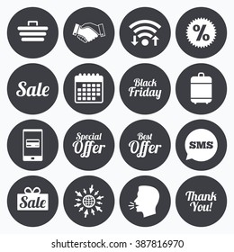 Wifi, calendar and mobile payments. Sale discounts icon. Shopping, handshake and black friday signs. Special offer symbols. Sms speech bubble, go to web symbols.