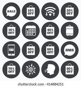 Wifi, calendar and mobile payments. Sale discounts icons. Special offer signs. Shopping bag, price tag symbols. Sms speech bubble, go to web symbols.