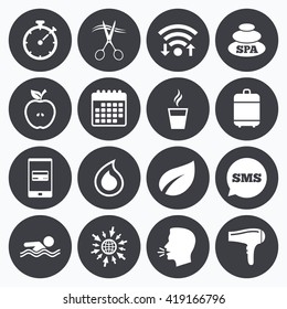 Wifi, calendar and mobile payments. Spa, hairdressing icons. Swimming pool sign. Water drop, scissors and hairdryer symbols. Sms speech bubble, go to web symbols.