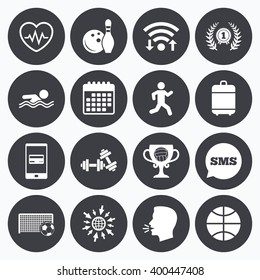 Wifi, calendar and mobile payments. Sport games, fitness icons. Football, basketball and bowling signs. Swimming, runner and winner award symbols. Sms speech bubble, go to web symbols.