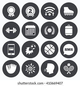 Wifi, calendar and mobile payments. Sport games, fitness icons. Football, basketball and volleyball signs. Dumbbell, baseball and winner award symbols. Sms speech bubble, go to web symbols.