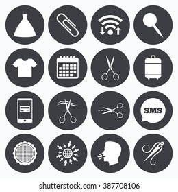 Wifi, calendar and mobile payments. Tailor, sewing and embroidery icons. Scissors, safety pin and needle signs. Shirt and dress symbols. Sms speech bubble, go to web symbols.