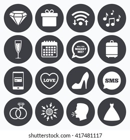 Wifi, calendar and mobile payments. Wedding, engagement icons. Rings, gift box and brilliant signs. Dress, shoes and musical notes symbols. Sms speech bubble, go to web symbols.