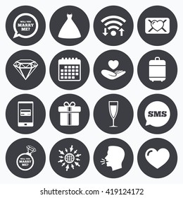 Wifi, calendar and mobile payments. Wedding, engagement icons. Love oath letter, gift box and brilliant signs. Dress, heart and champagne glass symbols. Sms speech bubble, go to web symbols.