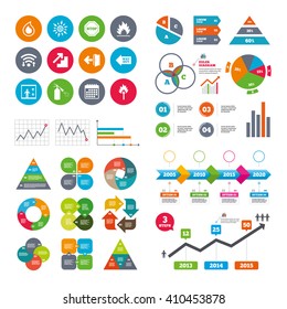 Wifi, calendar and web icons. Fire safety, emergency icons. Fire extinguisher, exit and stop signs. Elevator, water drop and match symbols. Diagram charts design.