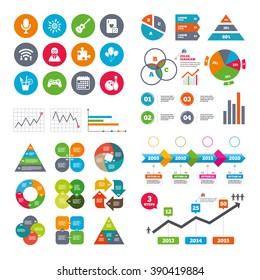 Wifi, calendar and web icons. Game, bowling and puzzle icons. Entertainment signs. Casino, carnival and alcohol cocktail symbols. Diagram charts design.