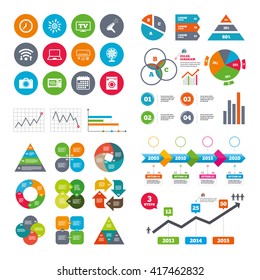 Wifi, calendar and web icons. Home appliances, device icons. Electronics signs. Air conditioning, washing machine and microwave oven symbols. Diagram charts design.