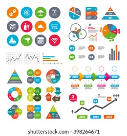 Wifi, calendar and web icons. Hotel, apartment services icons. Wifi internet sign. Pets allowed, alcohol and air conditioning symbols. Diagram charts design.