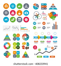Wifi, calendar and web icons. Hotel, apartment service icons. Swimming pool. Ventilation, birthday party and gay-friendly symbols. Diagram charts design.