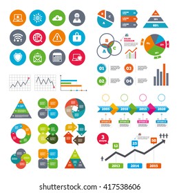 Wifi, calendar and web icons. Internet privacy icons. Cyber crime signs. Virus, spam e-mail and anonymous user symbols. Diagram charts design.