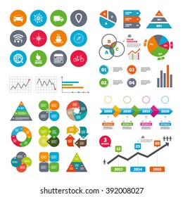 Wifi, calendar and web icons. Navigation, gps icons. Windrose, compass and map pointer signs. Bicycle, ship and car symbols. Diagram charts design.