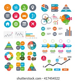 Wifi, calendar and web icons. Navigation, gps icons. Windrose, compass and map pointer signs. Car, airplane and flag symbols. Diagram charts design.