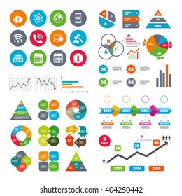 Wifi, calendar and web icons. Online shopping, e-commerce and business icons. Auction, phone call and information signs. Piggy bank, calendar and smartphone symbols. Diagram charts design.