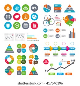 Wifi, calendar and web icons. Online shopping, e-commerce and business icons. Checklist, like and pie chart signs. Money bag, discount and protection symbols. Diagram charts design.
