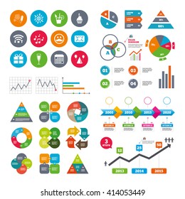 Wifi, calendar and web icons. Party celebration, birthday icons. Musical notes, air balloon and champagne glass signs. Gift box, fireworks and cocktail symbols. Diagram charts design.