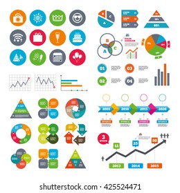Wifi, calendar and web icons. Party celebration, birthday icons. Fireworks, air balloon and champagne glass signs. Gift box, cake and photo camera symbols. Diagram charts design.