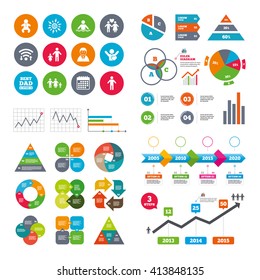 Wifi, calendar and web icons. People, family icons. Swimming pool, love and children signs. Best dad, father and mother symbols. Diagram charts design.
