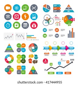 Wifi, calendar and web icons. Photo, video icons. Camera, photos and frame signs. Flash, timer and landscape symbols. Diagram charts design.