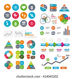Wifi, calendar and web icons. Pregnancy, maternity and baby care icons. Newborn, strollers and pacifier signs. Footprint, candy and love symbols. Diagram charts design.