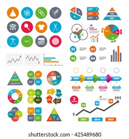 Wifi, calendar and web icons. Tailor, sewing and embroidery icons. Scissors, safety pin and needle signs. Shirt and dress symbols. Diagram charts design.