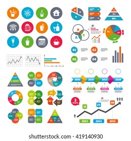 Wifi, calendar and web icons. Tea, coffee and beer icons. Beer, wine and cocktail signs. Take away drinks. Diagram charts design.