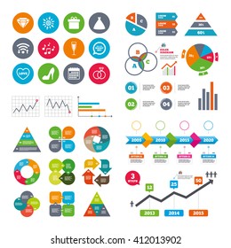 Wifi, calendar and web icons. Wedding, engagement icons. Rings, gift box and brilliant signs. Dress, shoes and musical notes symbols. Diagram charts design.