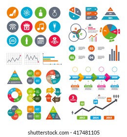 Wifi, calendar and web icons. Wedding, engagement icons. Ring with diamond, gift box and music signs. Dress, shoes and champagne glass symbols. Diagram charts design.