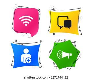 Wifi and chat bubbles icons. Add user and megaphone loudspeaker symbols. Communication signs. Geometric colorful tags. Banners with flat icons. Trendy design. Vector