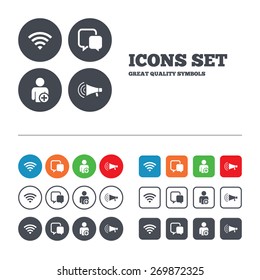 Wifi and chat bubbles icons. Add user and megaphone loudspeaker symbols. Communication signs. Web buttons set. Circles and squares templates. Vector