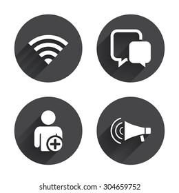 Wifi and chat bubbles icons. Add user and megaphone loudspeaker symbols. Communication signs. Circles buttons with long flat shadow. Vector