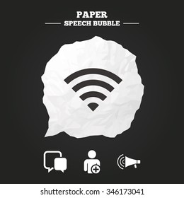 Wifi and chat bubbles icons. Add user and megaphone loudspeaker symbols. Communication signs. Paper speech bubble with icon.
