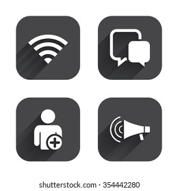 Wifi and chat bubbles icons. Add user and megaphone loudspeaker symbols. Communication signs. Square flat buttons with long shadow.